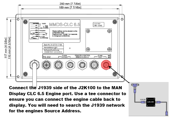How do I connect the J2K100 to a MAN CLC 6.3 or 6.5 engine display?